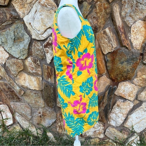 Vintage Blue Water Yellow Floral Dress Tropical Sleeveless Beach Vacation Mini S - Picture 5 of 15